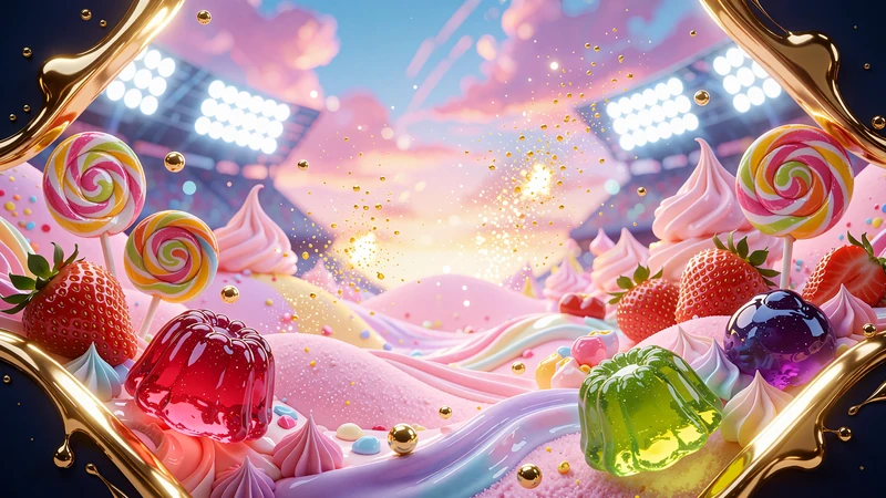 Miniatura slotu Sugar Rush 1000: cukierkowa kraina z r&oacute;żowymi wzg&oacute;rzami, żelkami i lizakami w złotym blasku
