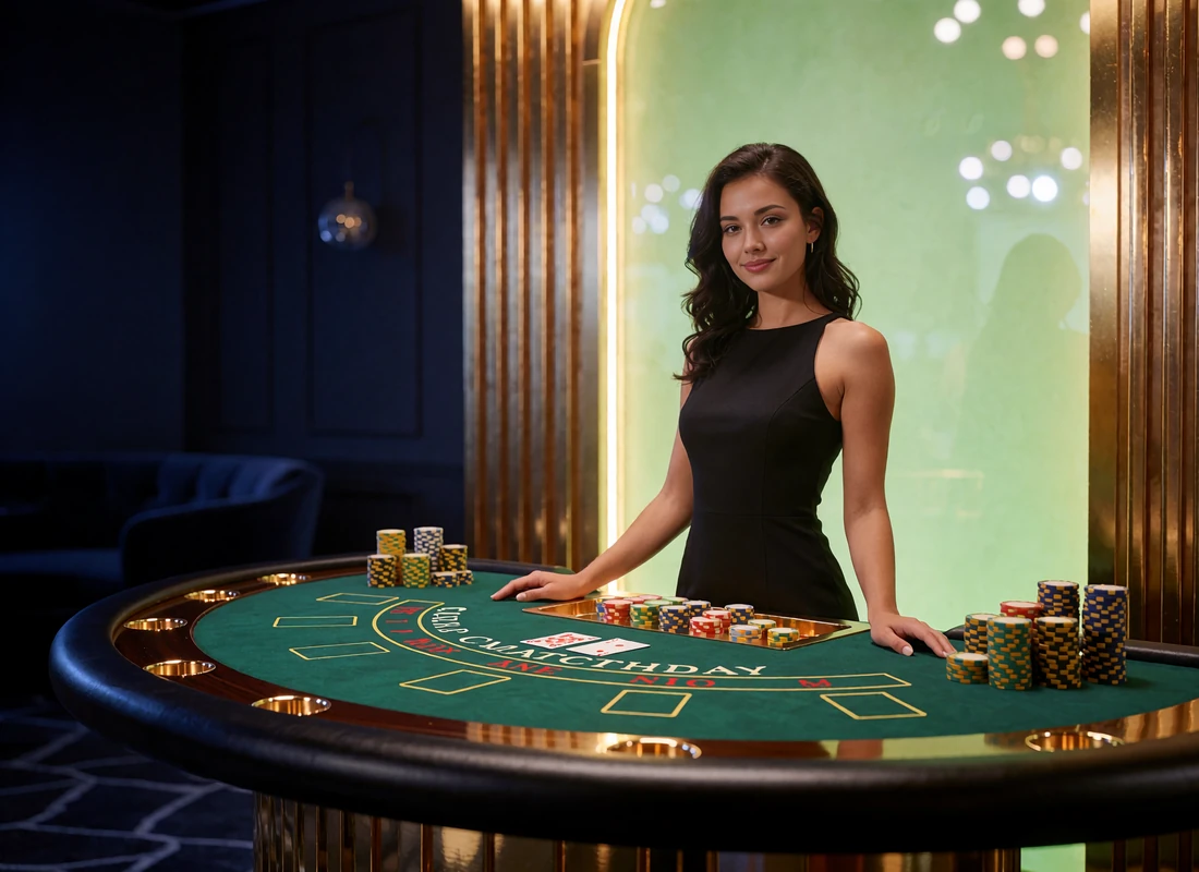 Krupierka przy zielonym stole do blackjacka w studiu live kasyna Golisimo, żetony i karty na suknie