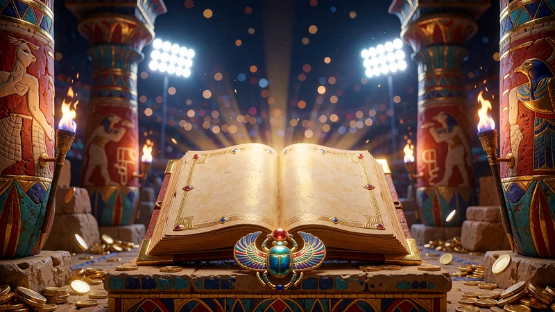 Miniatura slotu Golden Book of Ra Cash Connection: złota księga na kamiennym postumencie w egipskim grobowcu