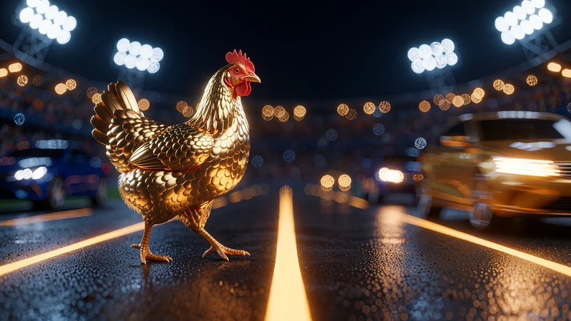 Brązowa kura idąca nocą przez oświetloną ulicę ze złotymi pasami - ilustracja gry natychmiastowej Chicken Road 2